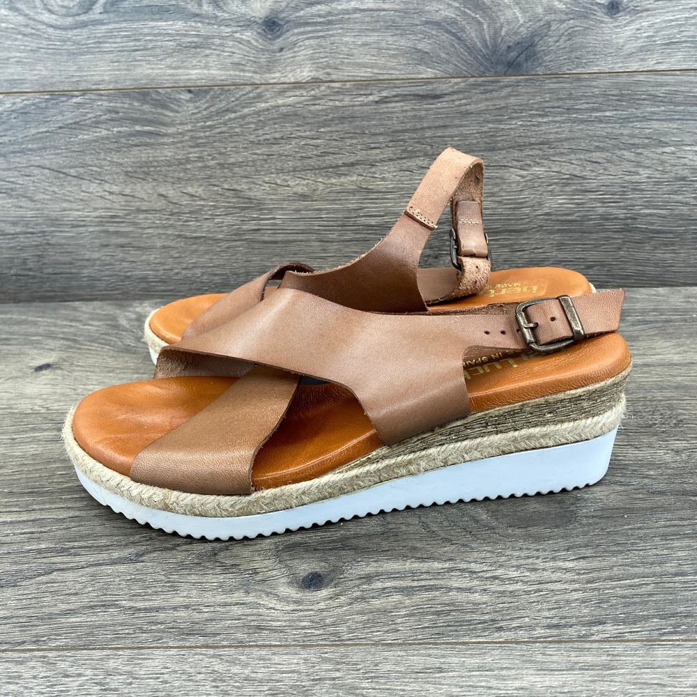Bertuchi Platform Sandals Womens 39 Tan Leather Espadrille Wedge Slingback Spain